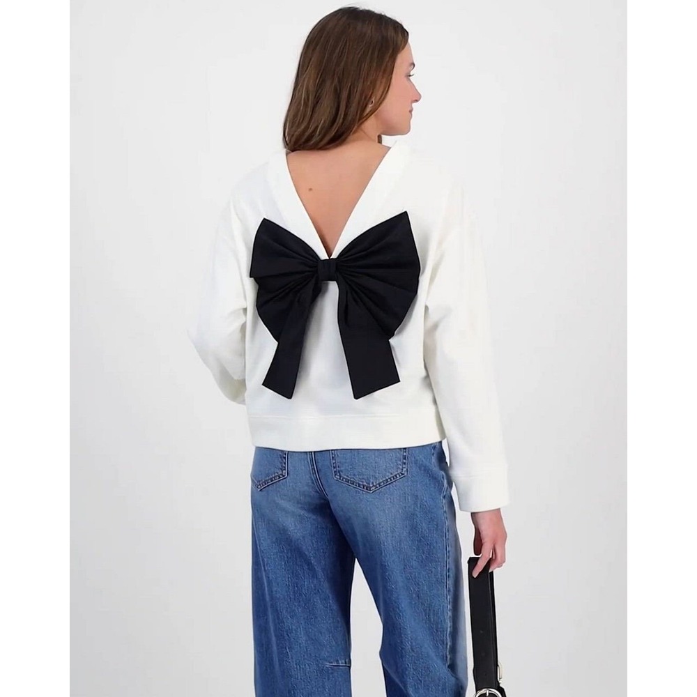 ON-34TH Womens Cream Sweatshirt Oversized Black Back Bow Pullover Large - Picture 2 of 10